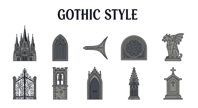 Collection of ten line art icons depicting Gothic architectural elements and related objects