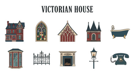 Collection of ten vector illustrations related to Victorian houses and decor © Faisal