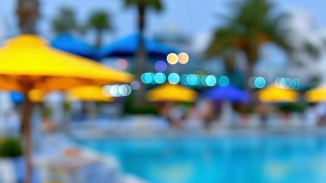 Blurred tropical resort poolside ambiance with colorful umbrellas and palm trees
