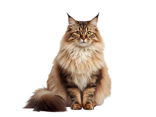 Fototapeta premium Majestic Maine Coon Cat Sitting Isolated on Transparent Background, Perfect for Graphic Design and Digital Art Projects, High-Quality Cutout PNG Image for Creative Use