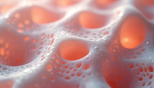 Close view of bioprinted skin tissue structure for grafting. Microscopic view shows scaffold with cells, water droplets. Medical innovation for repair, regeneration.
