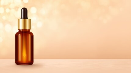 Naklejka premium A sleek amber dropper bottle against a soft, blurred background, highlighting beauty and skincare themes.