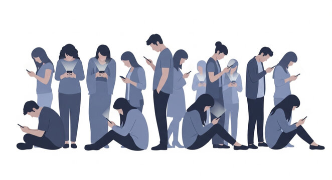 People Using Mobile Phones Standing Sitting.