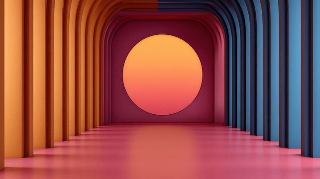 A vibrant, abstract interior featuring colorful arches and a large circular window, blending warm and cool tones for a modern aesthetic.