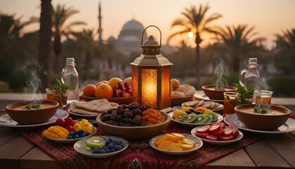 Fototapeta premium Outdoor Arabic iftar feast on wooden table at sunset with brass lantern, dates, flatbread, hummus, olives, fruit, tea, palm silhouettes and mosque dome in background