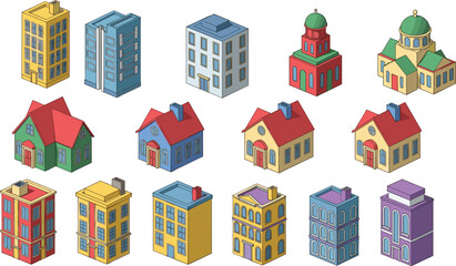 Large set of colorful isometric building icons featuring residential houses, modern skyscrapers, apartment blocks, and city architecture for urban planning and real estate design concepts. © MSTMUNMUN