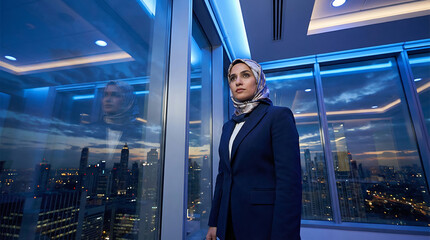 Fototapeta premium Woman in business attire standing in a modern office with cityscape view at dusk