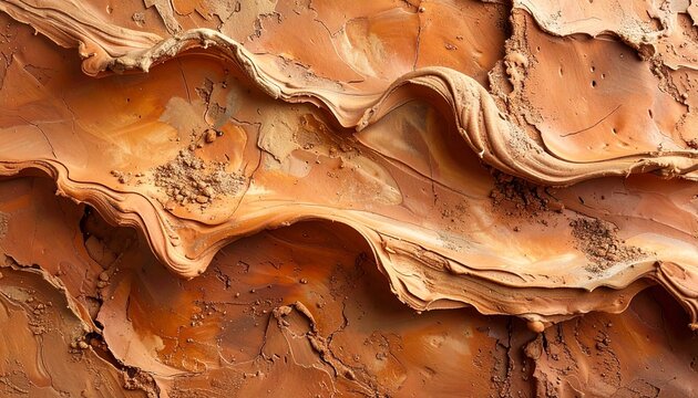 Abstract background of wet clay or mud in terracotta and brown tones. Macro shot showing the rich, layered texture, wavy patterns, and natural cracks of the earthy material. Artistic backdrop.