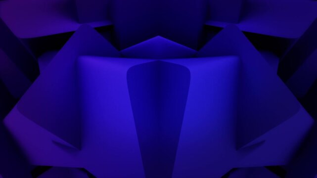 Low poly shapes rotating with blue neon light, in front of mechanical structures. A dark, video background loop with glowing geometric blocks