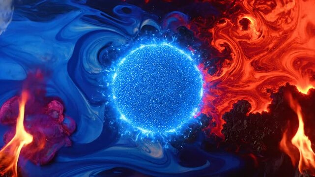 Glowing blue energy sphere contrasting swirling liquid fire and cool blue cosmic patterns