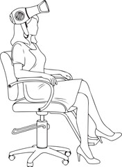 Woman sitting in office chair with hair dryer on head line black and white