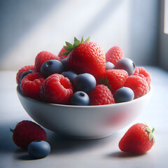 A small clean bowl filled with fresh strawberries, raspberries, and blueberries, minimalistic and clean background, soft lighting