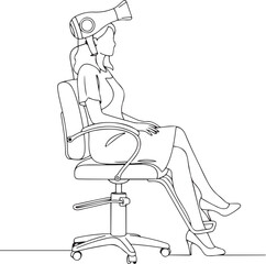 Woman sitting in office chair with hair dryer on her head profile