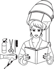 Woman under hair dryer reading book with salon tools