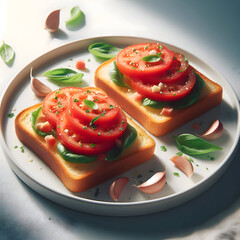 two slices of toasted bread topped with fresh tomato, garlic, and basil, placed on a clean white plate, soft lighting 