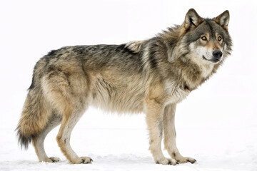 Obraz premium Majestic gray wolf standing alert in snow with thick fur and piercing gaze.
