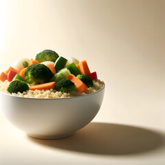 A clean white bowl filled with quinoa and steamed vegetables, placed against a soft beige background, minimalist food styling