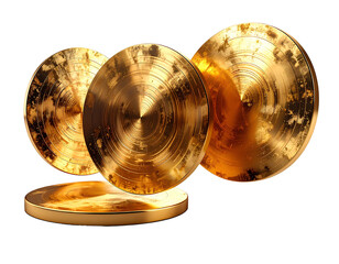 Floating golden metallic discs with embossed decorative surfaces for luxurious abstract visualization, isolated on a transparent background, PNG