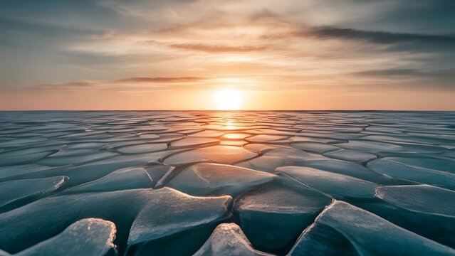 Frozen ocean at sunset with ice floes and calm waters