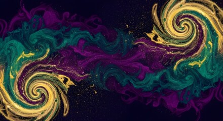Fototapeta premium Vibrant swirling patterns of purple, gold, and green on a dark background with sparkling particles
