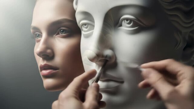 Woman sculptor creating a bust. An artist modeling a perfect female face using sculpting tools. Beauty, restoration, and art concept.