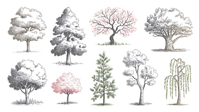 A collection of watercolor trees isolated on white background