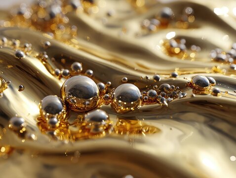 3D render of liquid gold with waves and bubbles, highly detailed, seamless background.