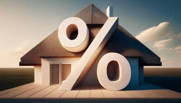 percent symbol with house roof with white tones