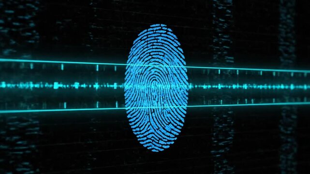 Glowing blue fingerprint scan with digital data waveforms on a dark background