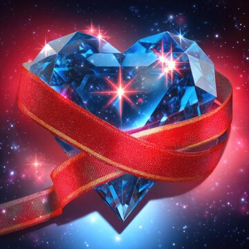 3D vector icon of a blue diamond-shaped heart wrapped in a red ribbon, with a glowing background featuring glitter and stars.