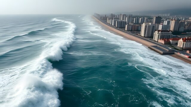 Aerial view of powerful ocean waves crashing onto a coastal urban shoreline during stormy weather