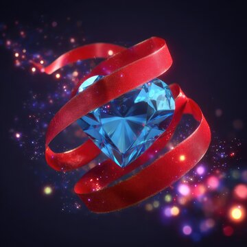 3D vector icon of a blue diamond-shaped heart wrapped in a red ribbon, with a glowing background featuring glitter and stars.