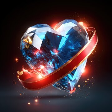 3D vector icon of a blue diamond-shaped heart wrapped in a red ribbon, with a glowing background featuring glitter and stars.