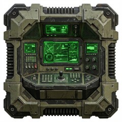Fototapeta premium Isolated image of a rugged, futuristic control panel with glowing green screens displaying analytical data, waveforms, and maps. This advanced console features a joystick and various controls,