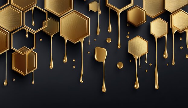 A background of honeycomb shapes in gold, with liquid drops and hexagons.
