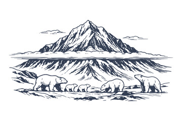 Majestic engraving vector illustration of a polar bear family walking through a snowy arctic landscape with high mountain peaks and a cold atmosphere. © Chairul