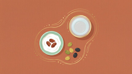 Ramadan suhoor healthy meal flat lay with dates yogurt olives