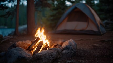A warm campfire glows brightly at a serene campsite beside a tent at dusk with trees and a lake in the background