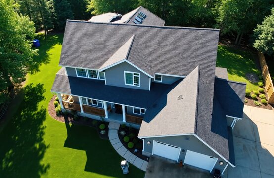 Large modern house with dark asphalt shingle roof and new windows. Professionally maintained green lawn surrounds the residential property. Well kept yard with mature trees and landscaping.