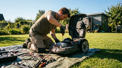 A man repairing a lawn mower on a blanket in a lush green garden on a sunny day from a side view