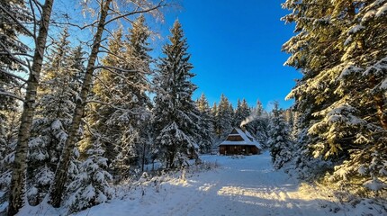 Snow-covered evergreen trees surround a secluded cabin in a serene winter forest landscape scene viewed from a distance