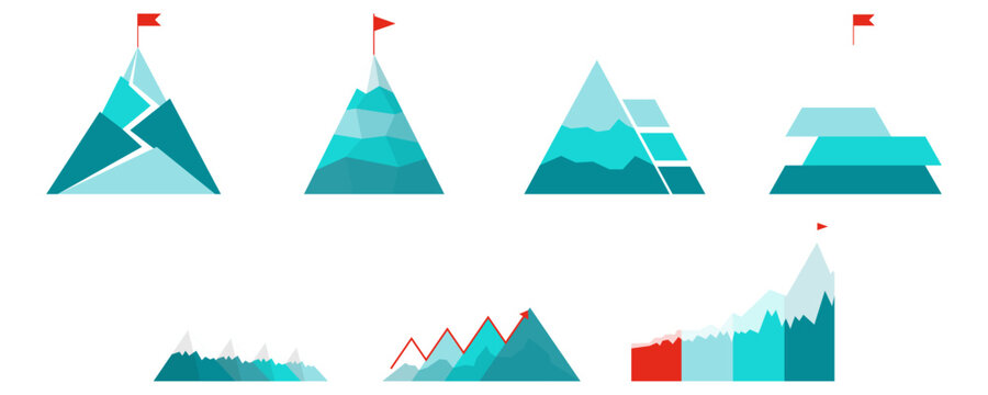 Mountain peak path goals, target, progress infographic illustration for business, company presentation. Vector isolated.