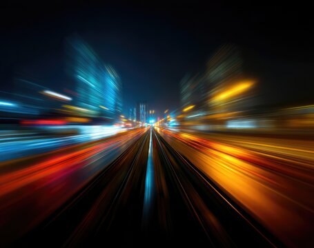 A blurred background of an illuminated highway at night with streaks and rays of light, creating dynamic visual effects.