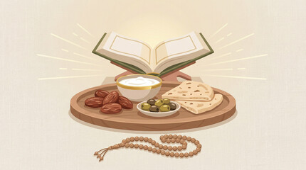 Ramadan iftar table setting with Quran dates bread yogurt