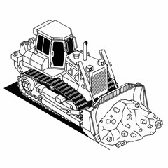 Black and white illustration of a bulldozer with tracks and a large front blade. © Slamet