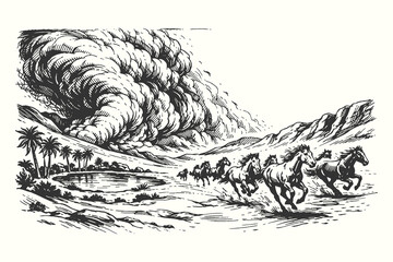 Dramatic vector illustration in vintage woodcut style featuring wild horses galloping away from a massive dust storm and tornado in a desert valley. © Chairul