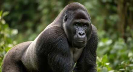 Obraz premium A gorilla stares intently at the camera
