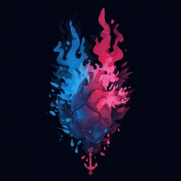 A broken heart with red and blue flames coming out of it, in the style of vector art, dark fantasy, fantasy-inspired art style.