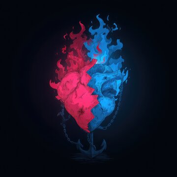 A broken heart with red and blue flames coming out of it, in the style of vector art, dark fantasy, fantasy-inspired art style.