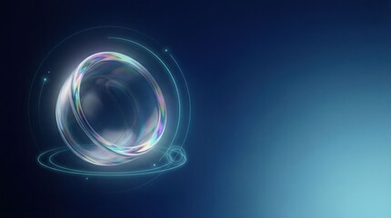 Abstract neon ring with glowing circular light on blue gradient background, digital art render, futuristic energy mood